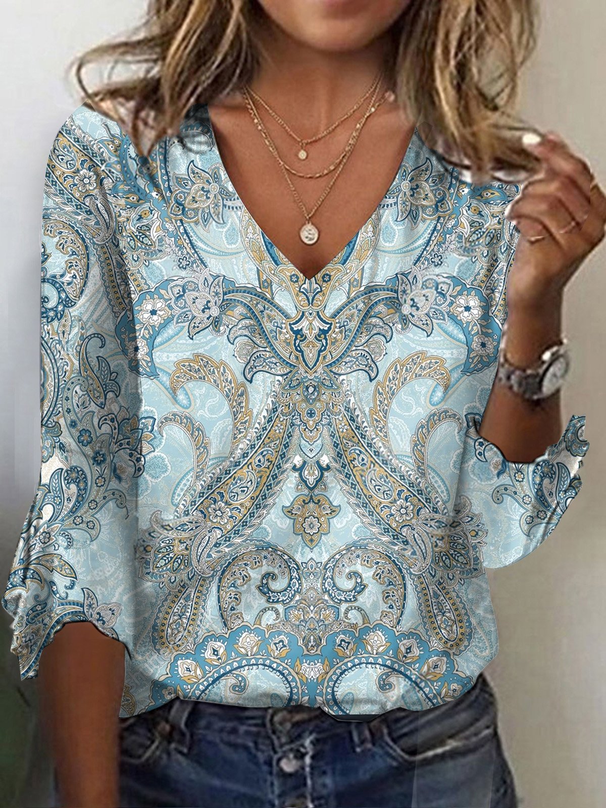 Casual Three Quarter Sleeve V Neck Paisley Loose Regular T-Shirt