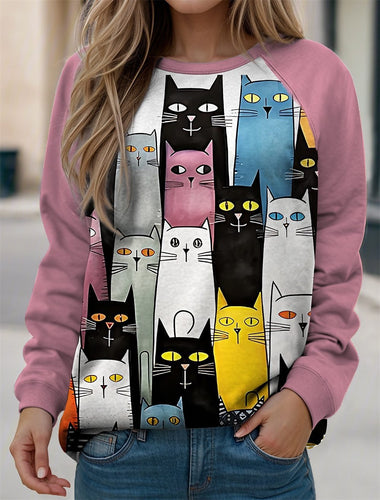 Loose Long Sleeve Crew Neck Cat Casual Regular Sweatshirt