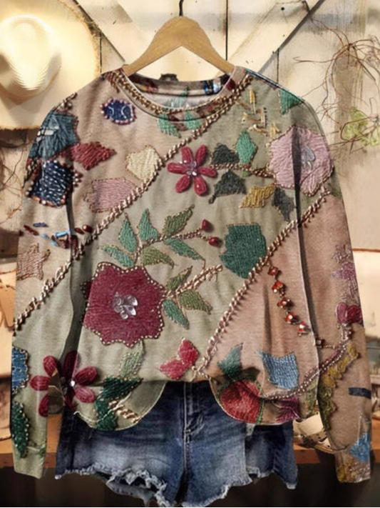 Loose Long Sleeve Crew Neck Ethnic Casual Regular Sweatshirt