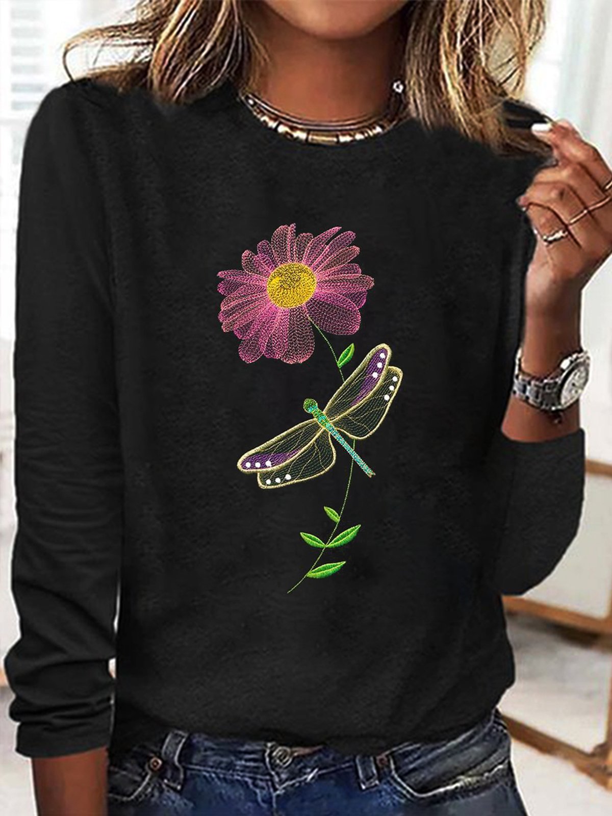Loose Long Sleeve Crew Neck Floral Dragonfly Casual Regular T-Shirt