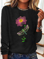 Loose Long Sleeve Crew Neck Floral Dragonfly Casual Regular T-Shirt