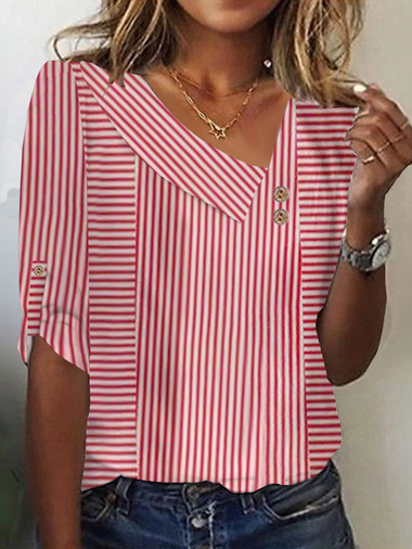 Casual Long Sleeve Asymmetrical Striped Loose Regular T-Shirt
