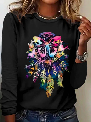 Casual Long Sleeve Crew Neck Butterfly Loose Regular T-Shirt