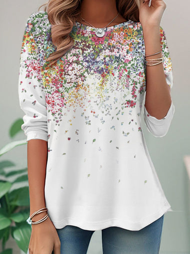 Loose Long Sleeve Crew Neck Floral Casual Regular T-Shirt