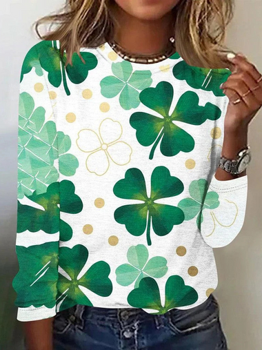 Loose Long Sleeve Crew Neck Floral Casual Regular T-Shirt