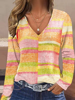 Loose Long Sleeve V Neck Striped Casual Regular T-Shirt
