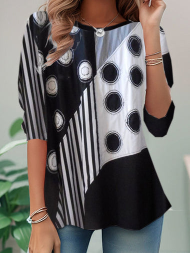 Loose Long Sleeve Crew Neck Geometric Casual Regular T-Shirt