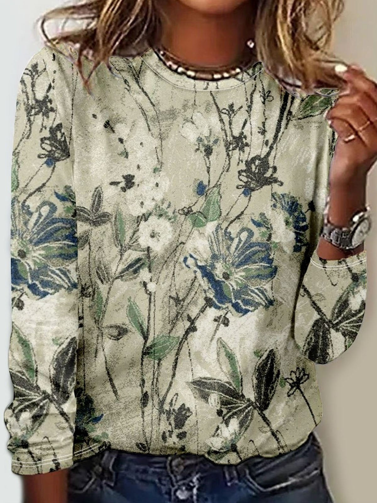 Loose Long Sleeve Crew Neck Floral Casual Regular T-Shirt