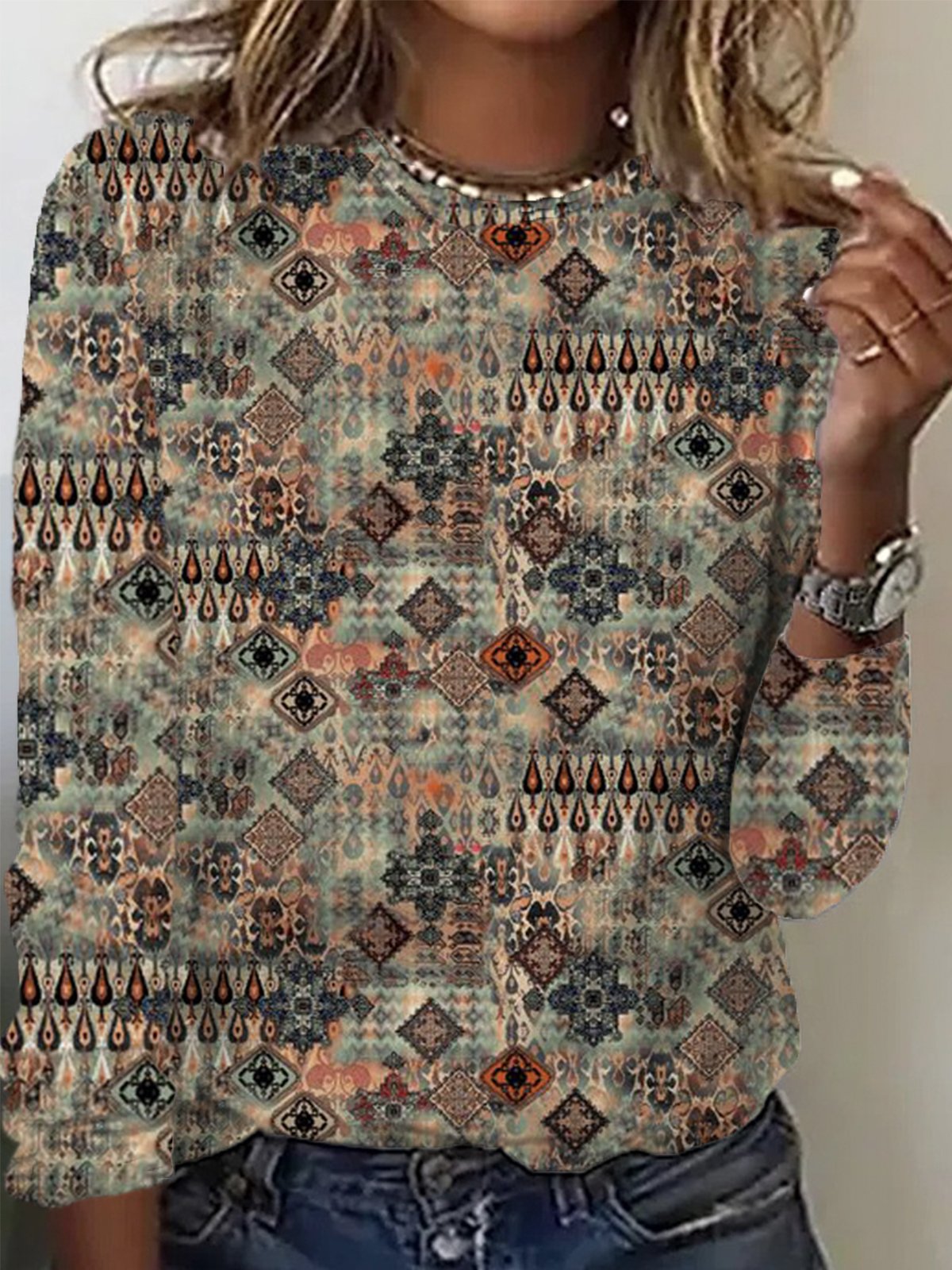 Loose Long Sleeve Crew Neck Ethnic Casual Regular T-Shirt