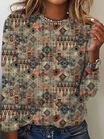 Loose Long Sleeve Crew Neck Ethnic Casual Regular T-Shirt