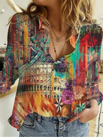 Loose Long Sleeve Shirt Collar Landscape Print Casual Regular Shirt