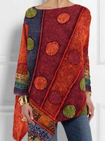 Loose Long Sleeve Crew Neck Ethnic Casual Mid-Long Blouse
