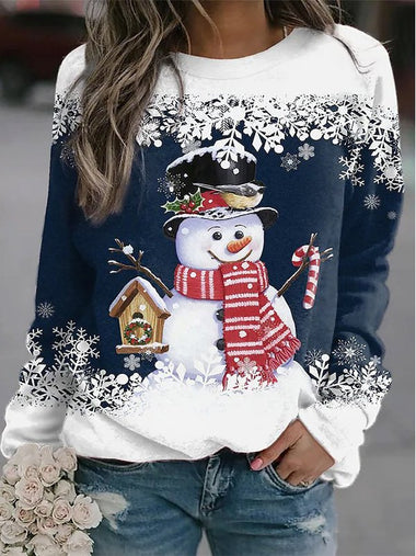 Casual Long Sleeve Crew Neck Christmas Snowman Loose Regular Sweatshirt