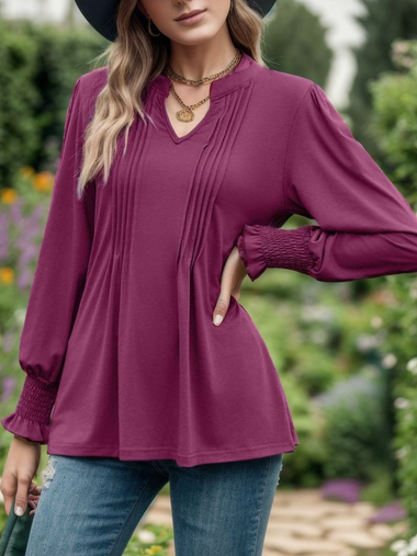 Casual Long Sleeve Notched Plain Loose Regular Blouse
