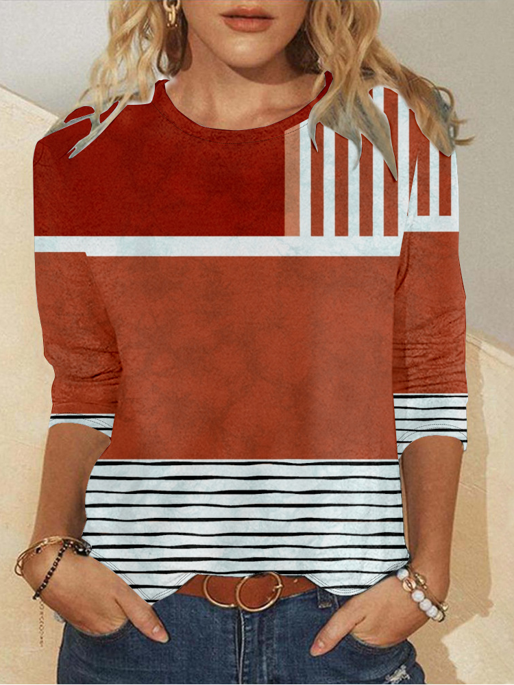 Casual Long Sleeve Crew Neck Abstract Loose Regular T-Shirt