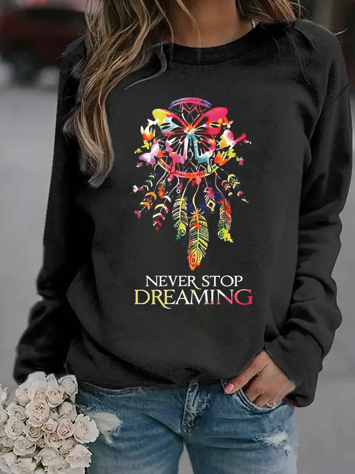 Loose Long Sleeve Crew Neck Feather Casual Regular Sweatshirt