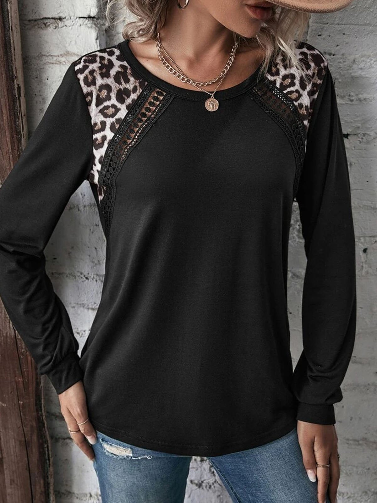 Casual Long Sleeve Crew Neck Color Block Loose Regular T-Shirt