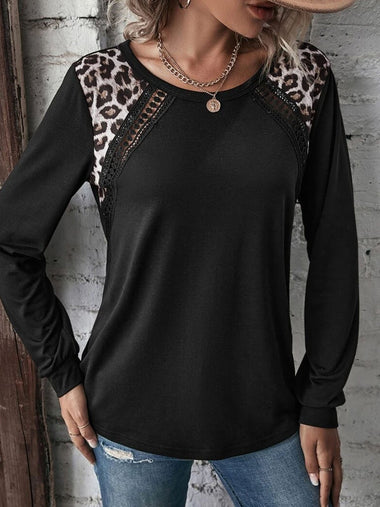 Casual Long Sleeve Crew Neck Color Block Loose Regular T-Shirt