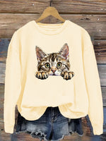 Loose Long Sleeve Crew Neck Cat Casual Regular Sweatshirt