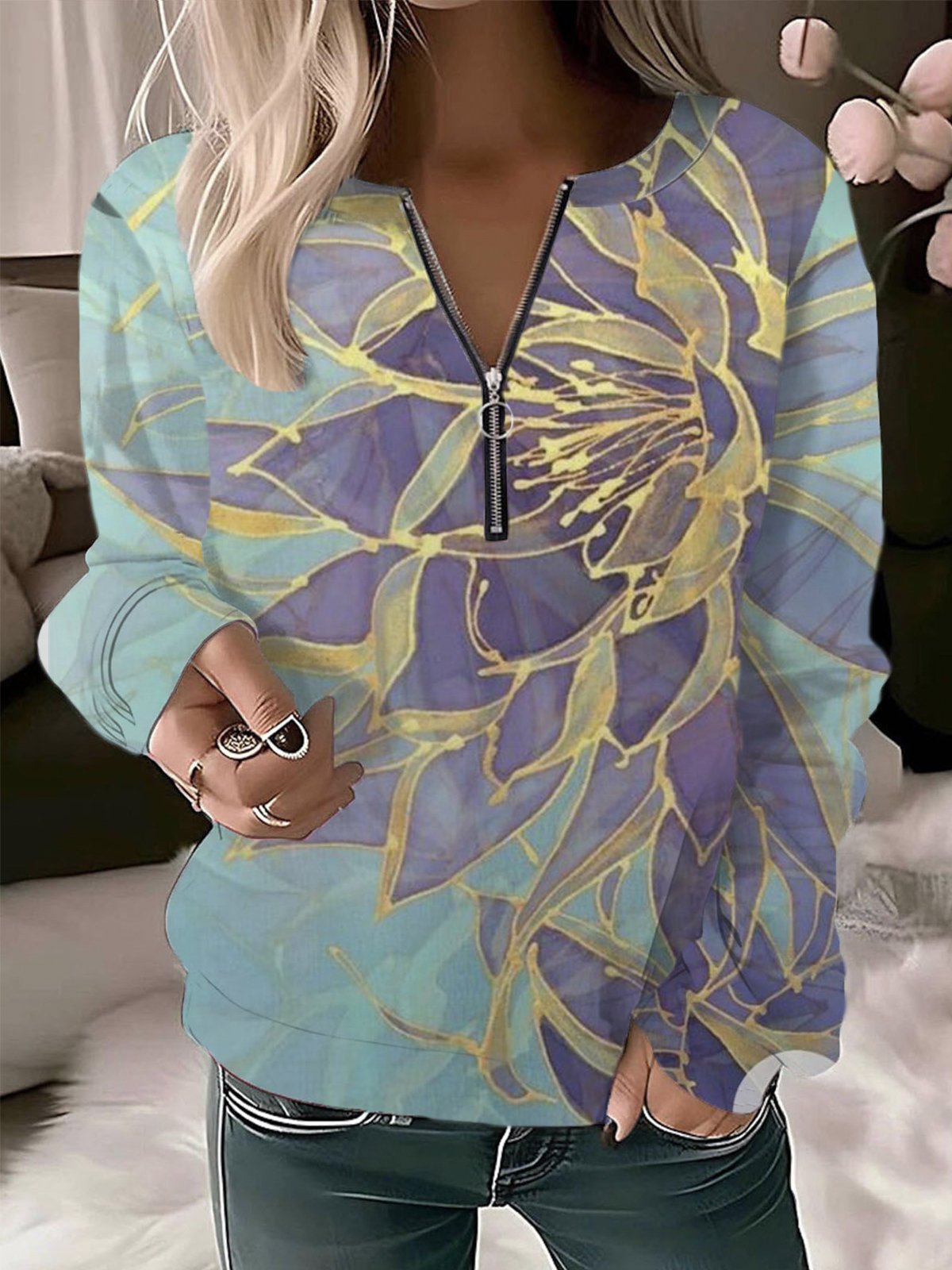 Loose Long Sleeve Crew Neck Floral Casual Regular Sweatshirt