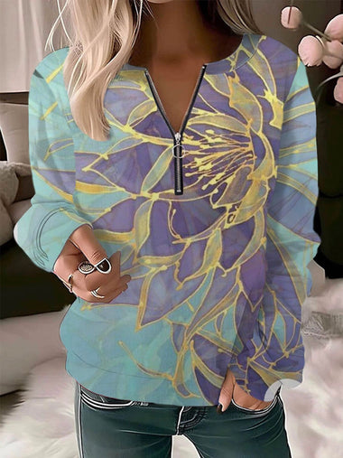Loose Long Sleeve Crew Neck Floral Casual Regular Sweatshirt