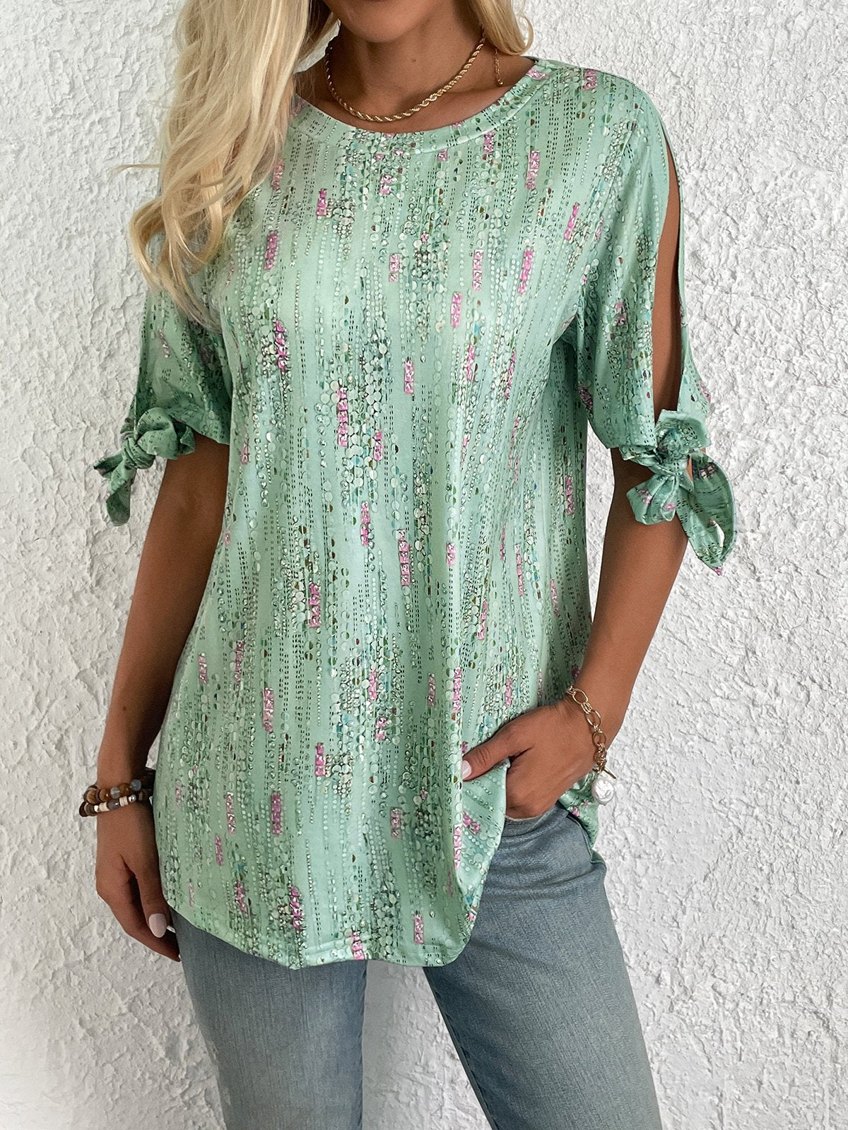 Loose Short Sleeve Crew Neck Floral Lace-Up Vacation Mid-Long Blouse