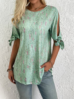 Loose Short Sleeve Crew Neck Floral Lace-Up Vacation Mid-Long Blouse
