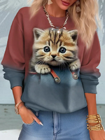 Loose Long Sleeve Crew Neck Cat Zipper Casual Regular Sweatshirt