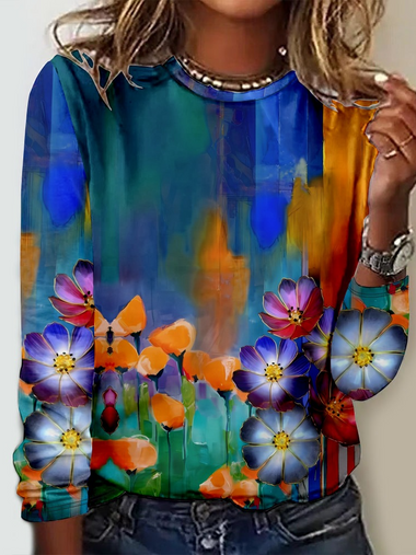 Loose Long Sleeve Crew Neck Floral Casual Regular T-Shirt