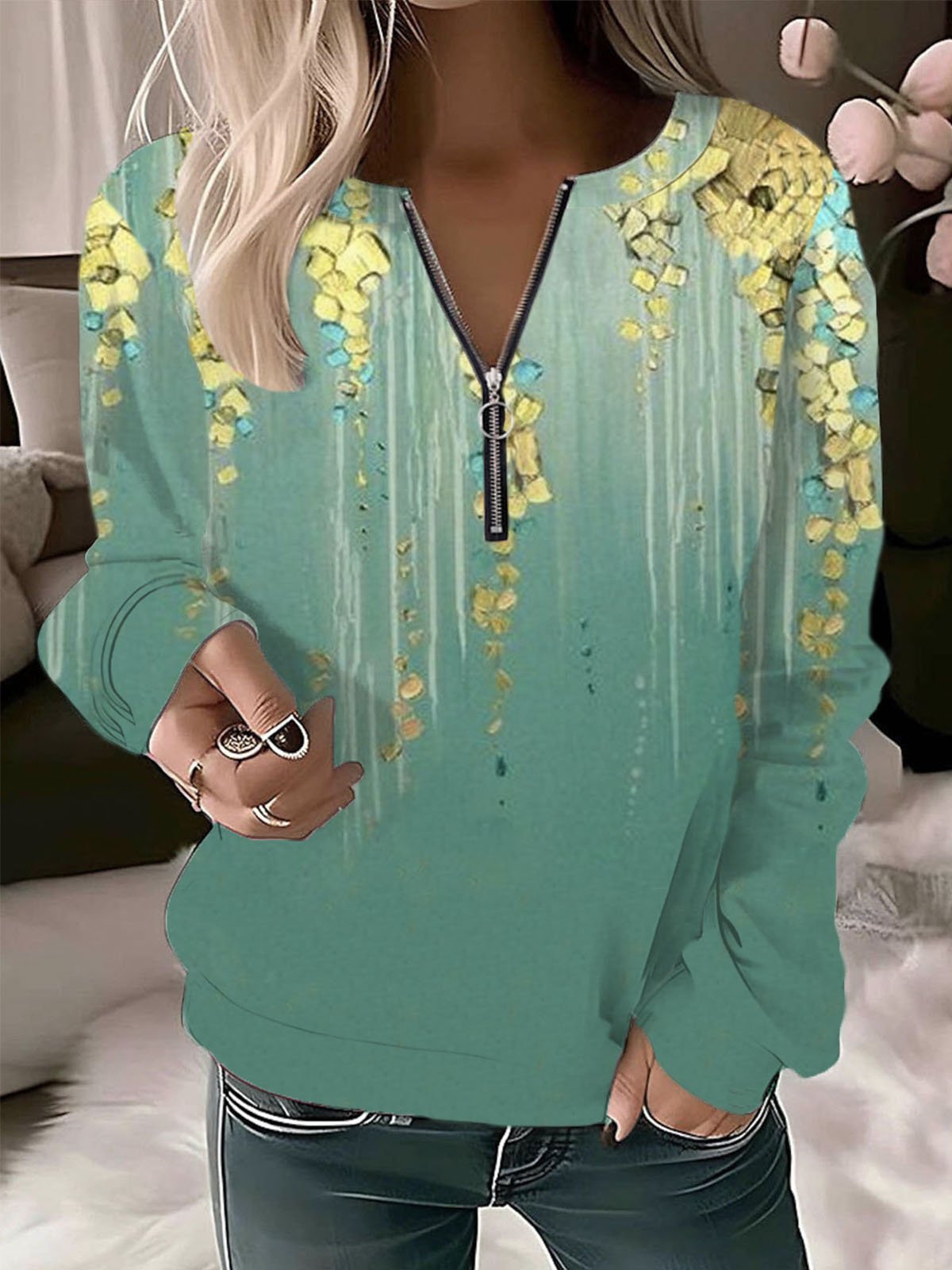 Casual Long Sleeve Crew Neck Floral Loose Regular Sweatshirt