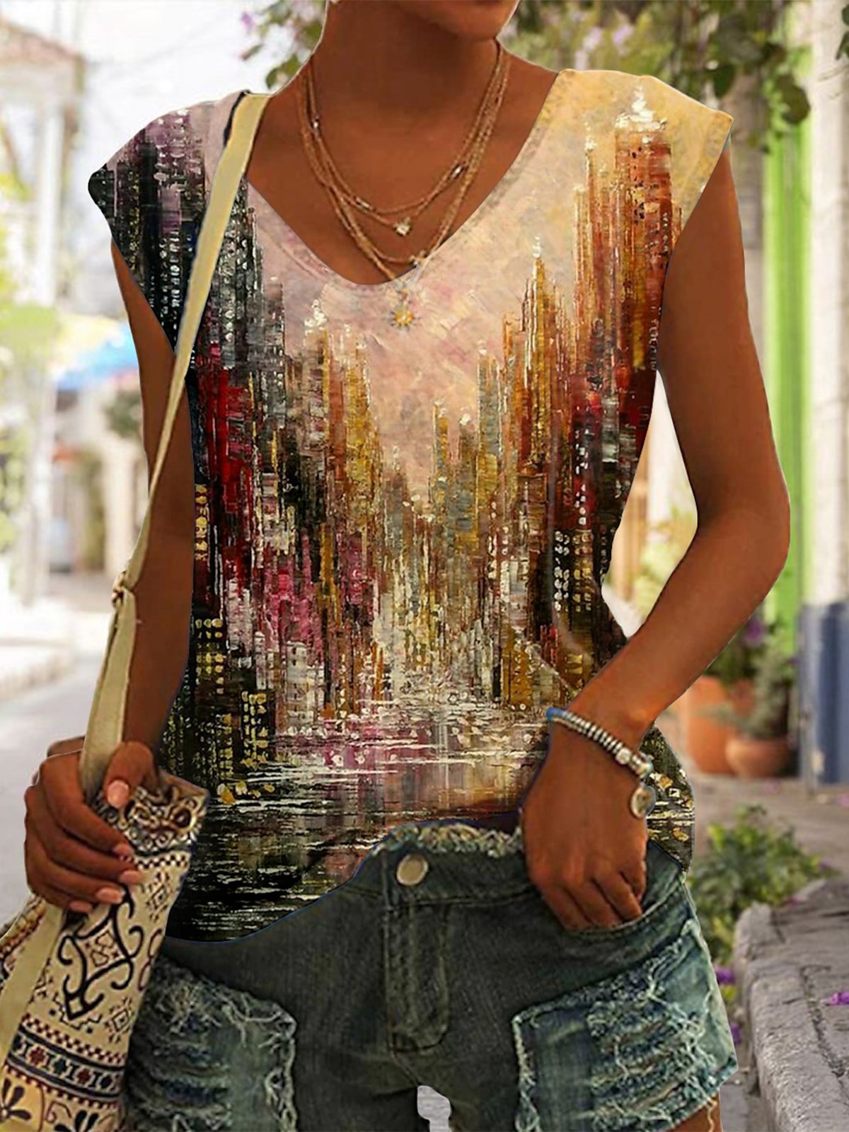Casual Cap Sleeve V Neck Landscape Print Loose Regular T-Shirt