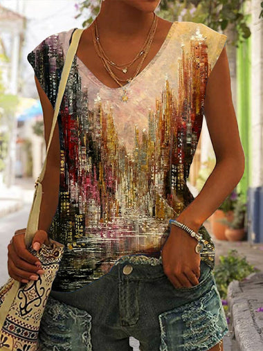 Casual Cap Sleeve V Neck Landscape Print Loose Regular T-Shirt