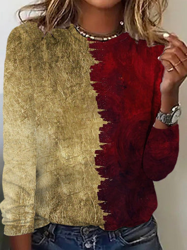 Casual Long Sleeve Crew Neck Color Block Regular T-Shirt