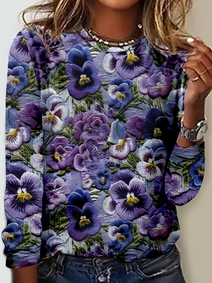 Casual Long Sleeve Crew Neck Floral Loose Regular T-Shirt