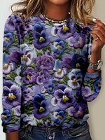 Casual Long Sleeve Crew Neck Floral Loose Regular T-Shirt