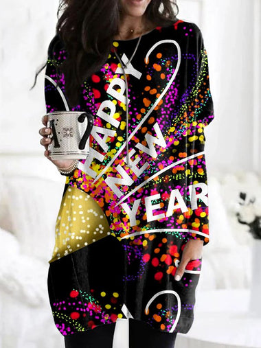 Long Sleeve Crew Neck Geometric Vintage Mid-Long T-Shirt