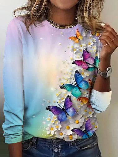 Casual Long Sleeve Crew Neck Butterfly Loose Regular T-Shirt