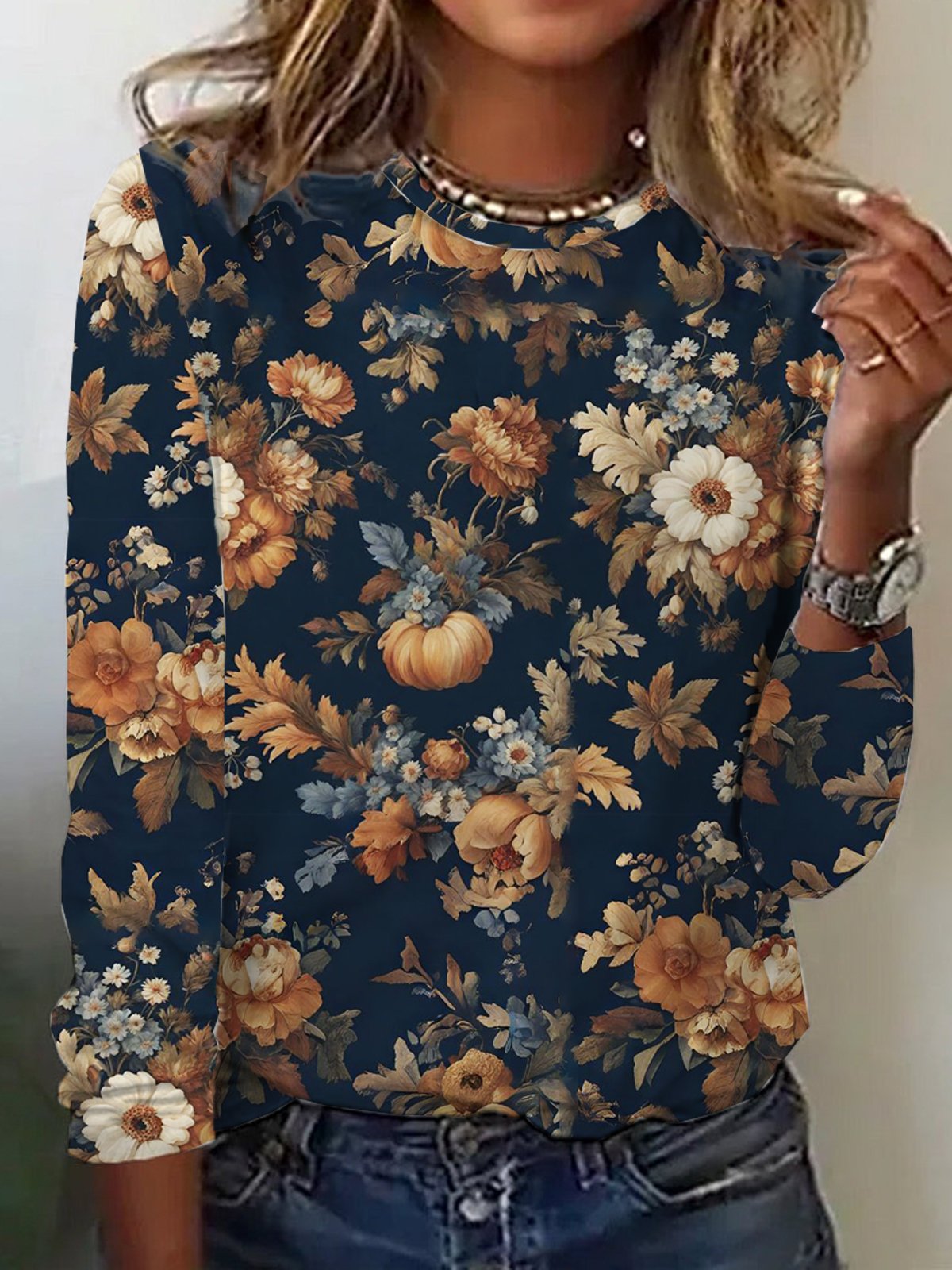 Loose Long Sleeve Crew Neck Floral Casual Regular T-Shirt