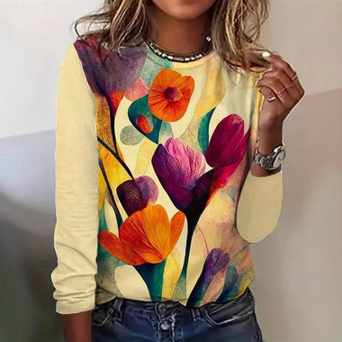 Loose Long Sleeve Crew Neck Floral Casual Regular T-Shirt