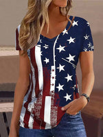 Casual Short Sleeve V Neck Independence Day Loose Regular Blouse
