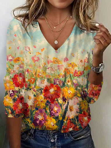 Long Sleeve V Neck Floral Casual Regular T-Shirt