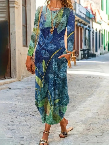 Casual Long Sleeve Geometric Floral Maxi Dress