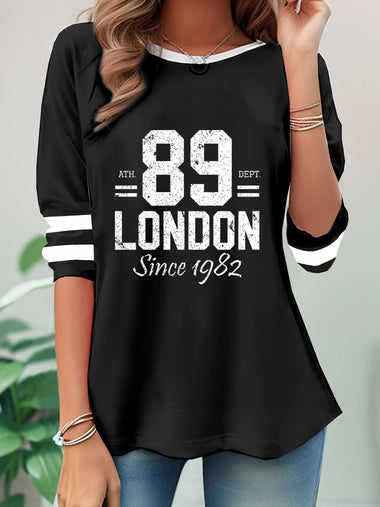 Loose Long Sleeve Crew Neck Text Letters Casual Regular Blouse