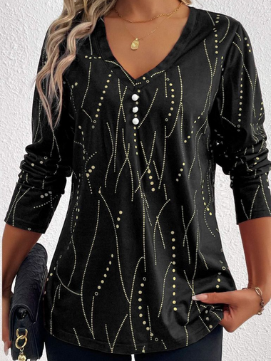 Loose Long Sleeve V Neck Geometric Casual Regular T-Shirt