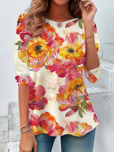 Casual Long Sleeve Crew Neck Floral Loose Regular Blouse