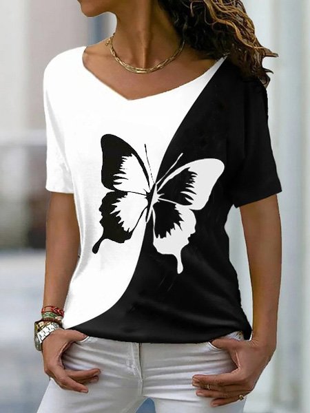 Short Sleeve V Neck Animal Picture Casual Regular T-Shirt