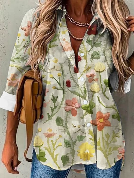 Loose Long Sleeve Shirt Collar Striped Casual Regular Shirt