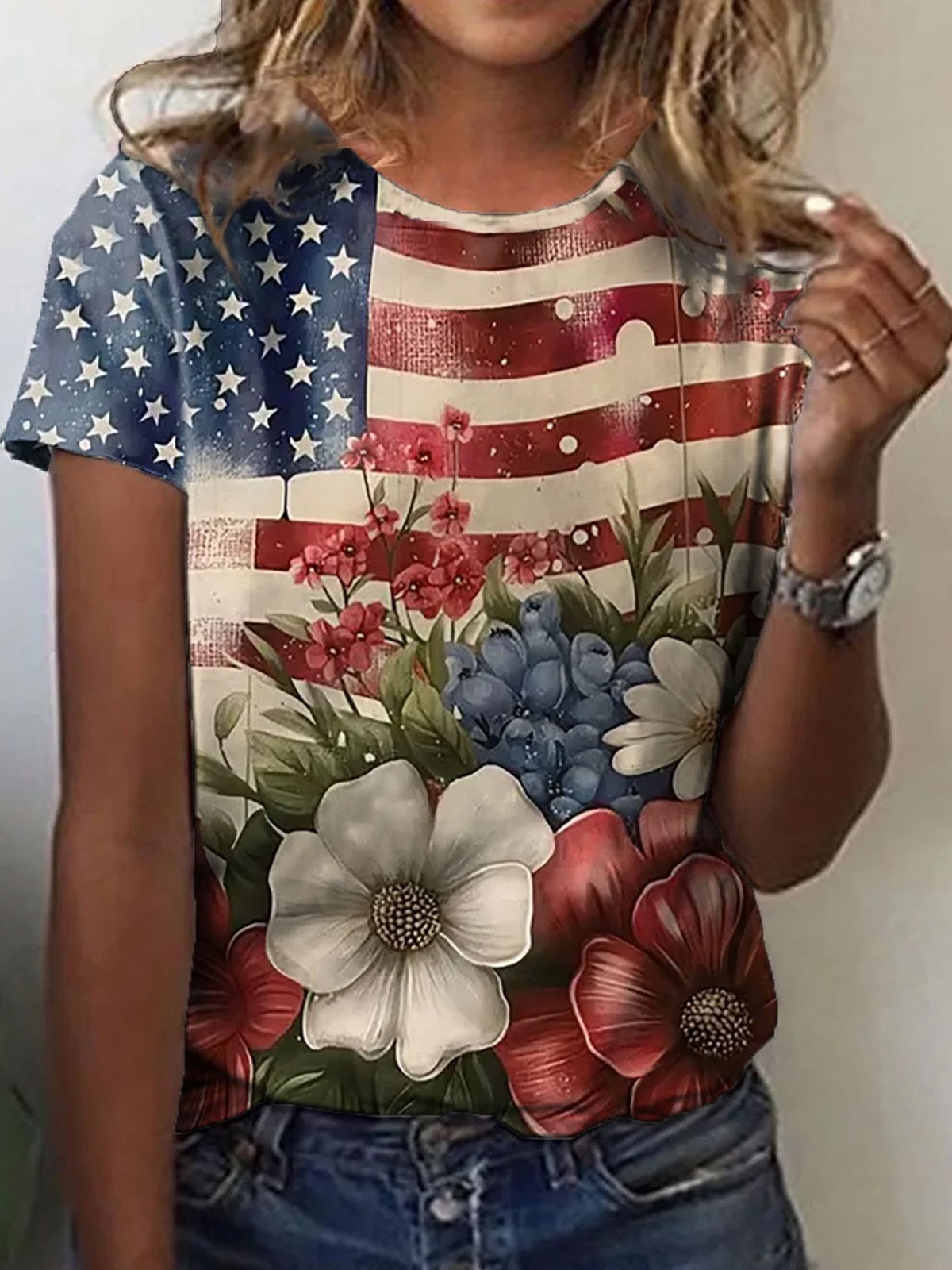 Loose Short Sleeve Crew Neck Floral America Flag Casual Regular T-Shirt