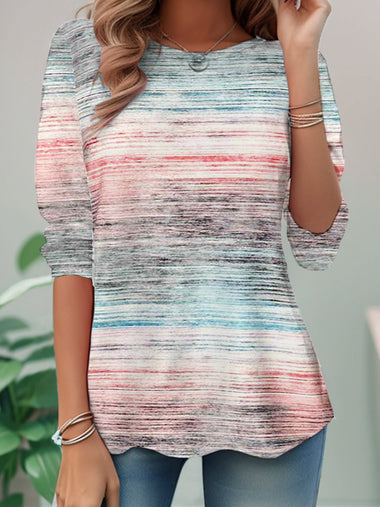 Loose Long Sleeve Crew Neck Abstract Stripes Casual Regular Blouse