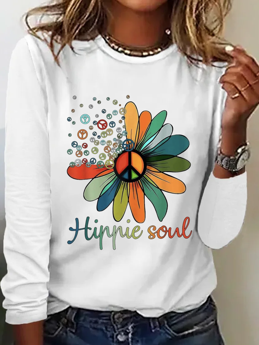 Vintage Long Sleeve Crew Neck Floral Text Letters Loose Regular T-Shirt
